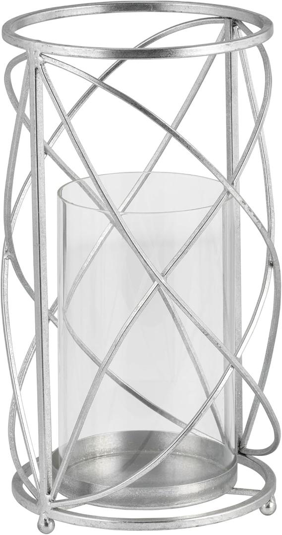 Sculptural Metal Hurricane Candle Holder for Table Centerpiece - Decorative Pillar Candlestick Holder for Home Decor Accents - Elegant Candle Stand for Entryway or Any Occasion - 13", Silver