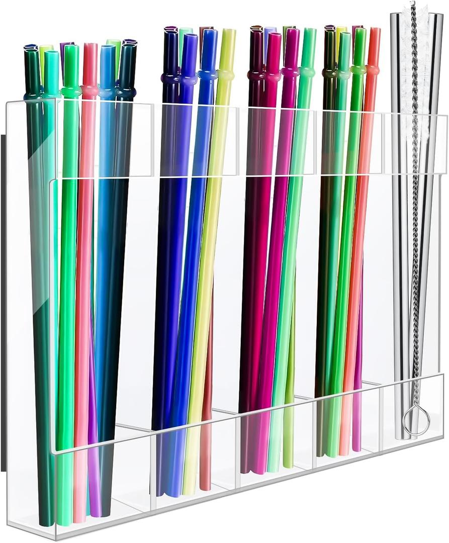 Magnetic Straw Holder Acrylic for Cabinet Reusable Organizer Dispenser 5-Grid Straw Rack Transparent Comes with 4 Double-Sided Tapes and 15 Classification Label Stickers