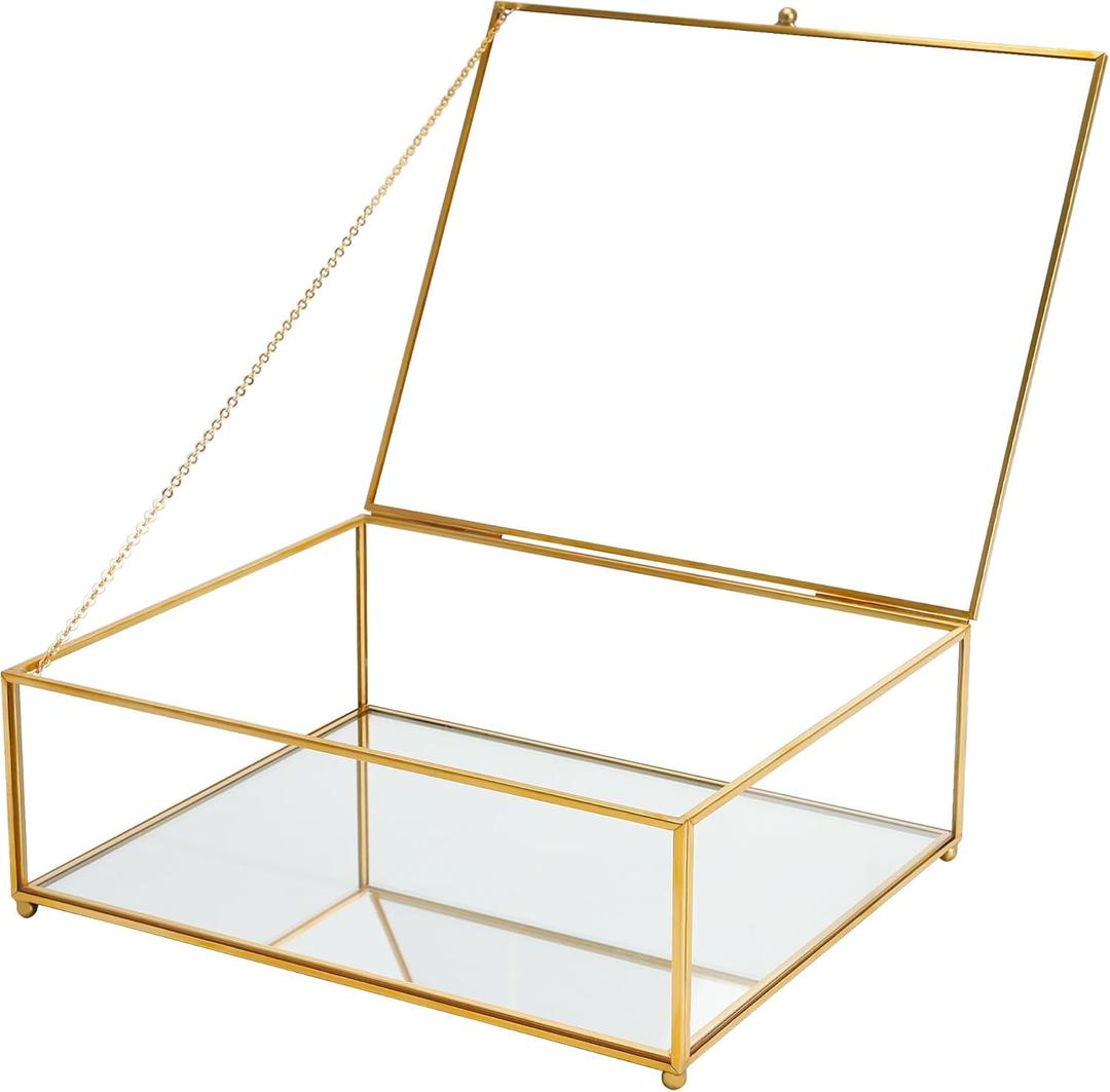 Large Glass Boxes for Display Handmade, Mirrored Bottom, Glass Jewelry Trinket Box with Lid, for Book Photo Keepsake Organizer Display Case for Vanity Decor Home, 10.4"L x 8.5"W x 3.7"H, Gold