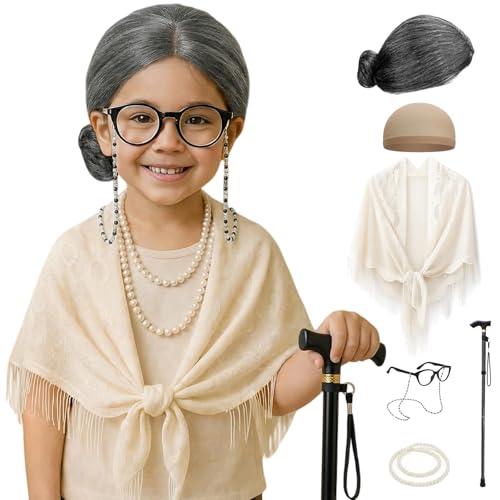 Yaliuliu 7pcs 100 Days of School Costume – Old Lady Costume for Kids & Women, Grey Old Lady Wig, Grandma and Granny Outfit with Glasses and Accessories