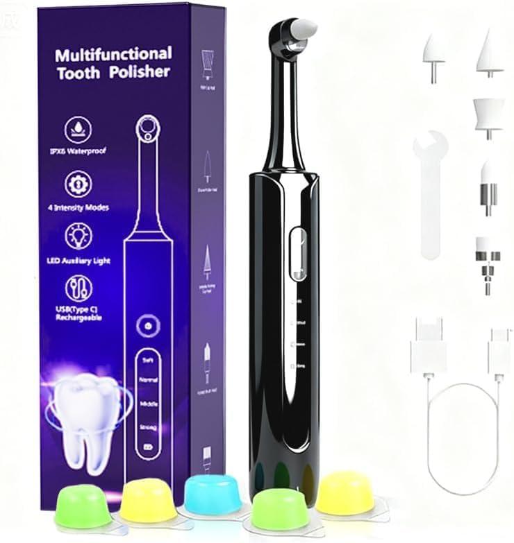 Electric Tooth Polisher, Plaque Remover for Teeth Whitening, Teeth Polishing Kits 4 Speed ModesRechargeable Dental Polisher for Cleaning, Waterproof Tooth Polish Tools with 5 Brush Heads& LED Light