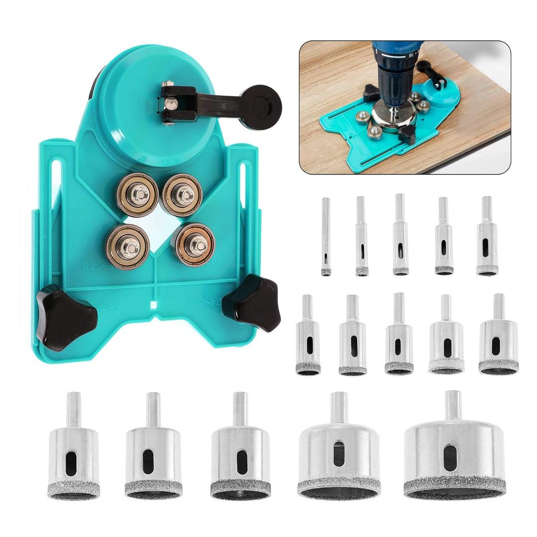 BEAMNOVA Set of 16 Diamond Drill Bits with Jig Ceramic Tile Hole Drilling Set Kit 6mm-50mm 1/4~2 Inch Hole Saw Set for Glass Stone Granite Marble