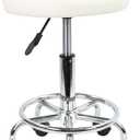 KKTONER PU Leather Round Rolling Stool with Foot Rest Height Adjustable Swivel Drafting Work SPA Task Chair with Wheels (White)