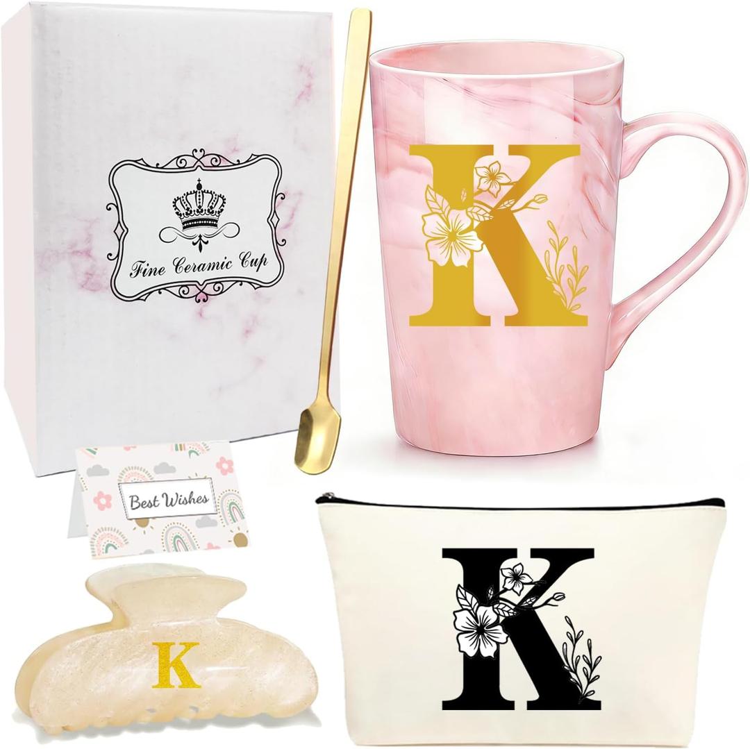 Initial Letter Gift Set for Women - Personalized Monogram Ceramic Mug Set - Initial Letter Gifts for Birthday, Bridesmaid, Mothers Day Gift for Her(K)