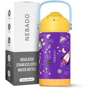 2 x Kids Stainless Steel Insulated Water Bottle with Straw 12oz - Leak Proof Toddler Thermos Cup for School, BPA Free with Handle & Non-Slip Silicone Base, Dishwasher Safe, Cosmic Purple