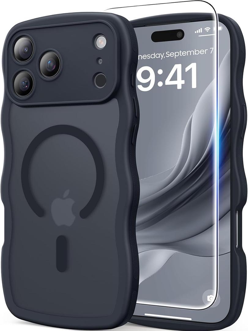 DOMAVER for iPhone 17 Pro Max Case for Women, 1X Screen Protector+1X Wrist Strap, [Compatible with MagSafe] [Full Camera Protection] Cute Wave Matte Phone Case for iPhone 17 Pro Max, Space Black