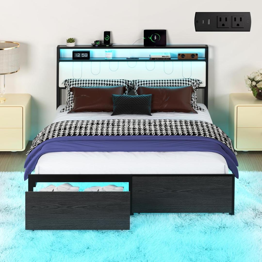 Queen Bed Frame with Headboard, Metal Platform Frame with Smart LED Lights and USB Charging Station, Storage Drawers, Heavy Duty Metal Slats, No Box Spring Needed, Noise Free, Easy Assembly