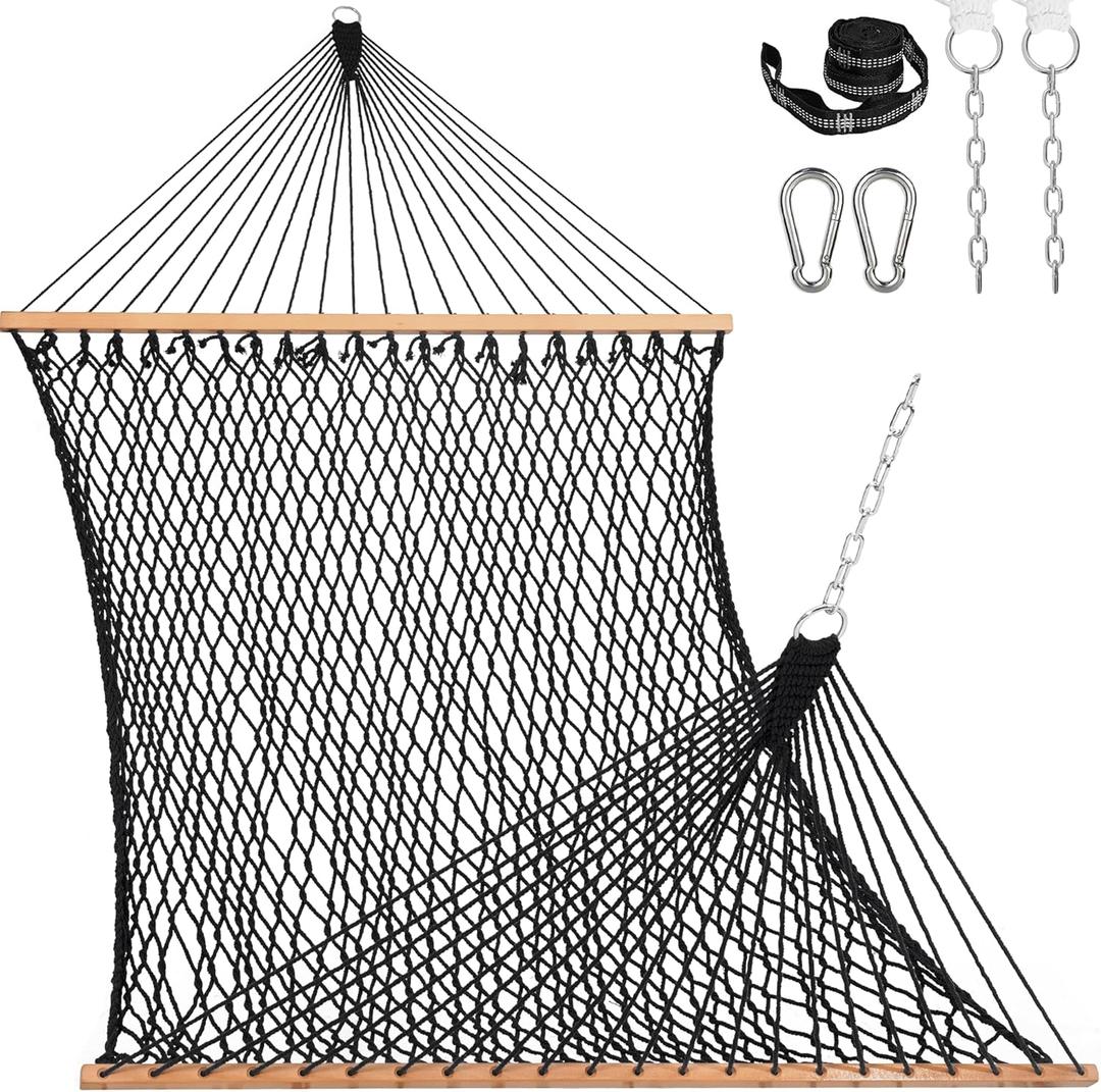 Lazy Daze Hammocks 12FT Double Rope Hammocks, 2 Person Hand Woven Cotton Hammock with Spreader Bar, Carabiner, Tree Strap, Chain for Outside, FIT 13-15 FT Stand, Max 450 Lbs, Black