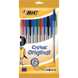 BIC Cristal Original Ballpoint Pens, Every-Day Biro Pens, Fine Point (1.0 mm), Ideal for School, Black Ink, Pack of 10 (Black, Blue, Green)