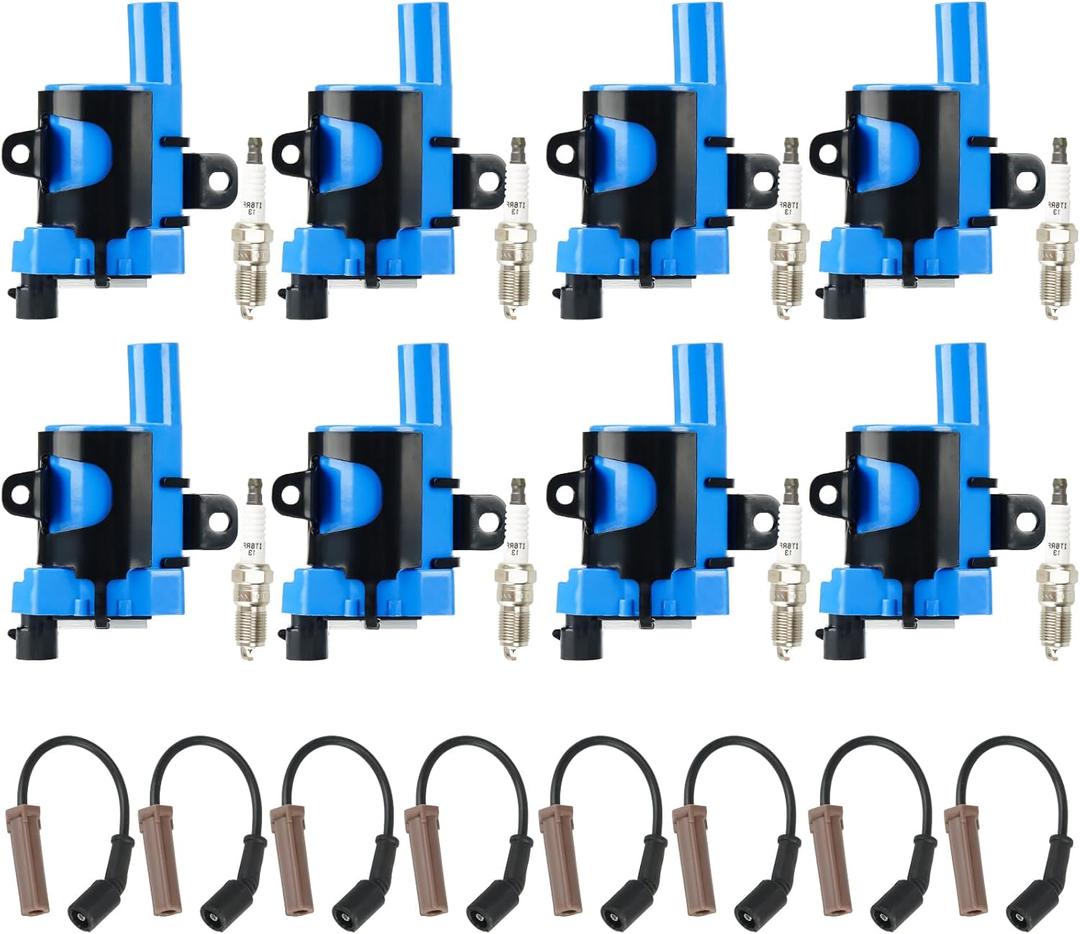 Round Ignition Coil Pack + Iridium Spark Plugs + Wire for Chevy Tahoe Avalanche Express & Silverado 1500 2500 3500 Suburban, for Cadillac Escalade, for GMC Savana, for Hummer H2, Replaces UF262 8 Sets