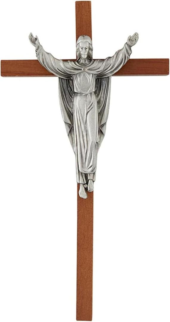 Christian Brands Crucifixes - Wooden Risen Christ Hanging Wall Cross, 10" H, Walnut Finish