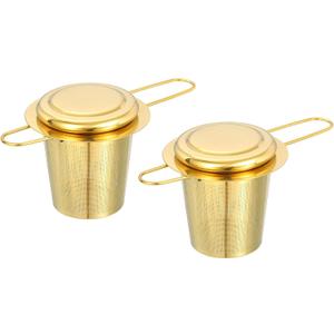 uxcell 2 Pcs Tea Infuser Filter, Fine Mesh Loose Tea Steeper, Stainless Steel Tea Strainer with Foldable Handle for Brew Loose Leaf Tea, Gold
