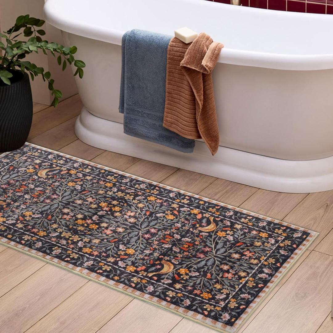 Black Long Bathroom Rugs Runner Funny Washable Bath Runner Non Slip, Boho Soft Shaggy Distressed Cute Bird Floral Bath Mat for Toilet Shower Sink, 20x47 inch (1'8" x 3'11" (Rectangular))