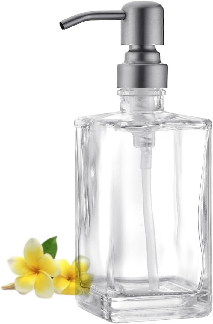 BZOOSIU Glass Soap Dispenser with Rust Proof Stainless Steel Pump, Refillable Kitchen & Bathroom Countertop Dish Soap Dispenser for Essential Oils, Lotions, Liquid Soaps, Brushed Nickel