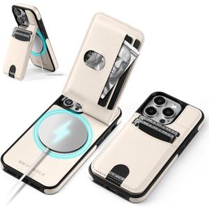 Compatible with Magsafe for iPhone 13 Pro Max Wallet Case with Card Holder Kickstand RFID Blocking Flip Cover Credit Card Slots PU Leather Men Women,Phone Case for Apple 13 ProMax,White