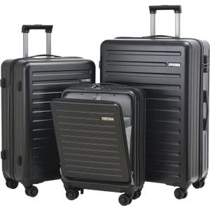 3Pcs (20/24/28) Luggage Set, HardShell Lightweight TSA Lock Only 20" with Front Pocket, 21.65*15.35*7.87" Fits Overhead Cabin, 24" (26*17.7*10.2") and 28" (19.68*11.81*29.92") Checked Luggage, Black