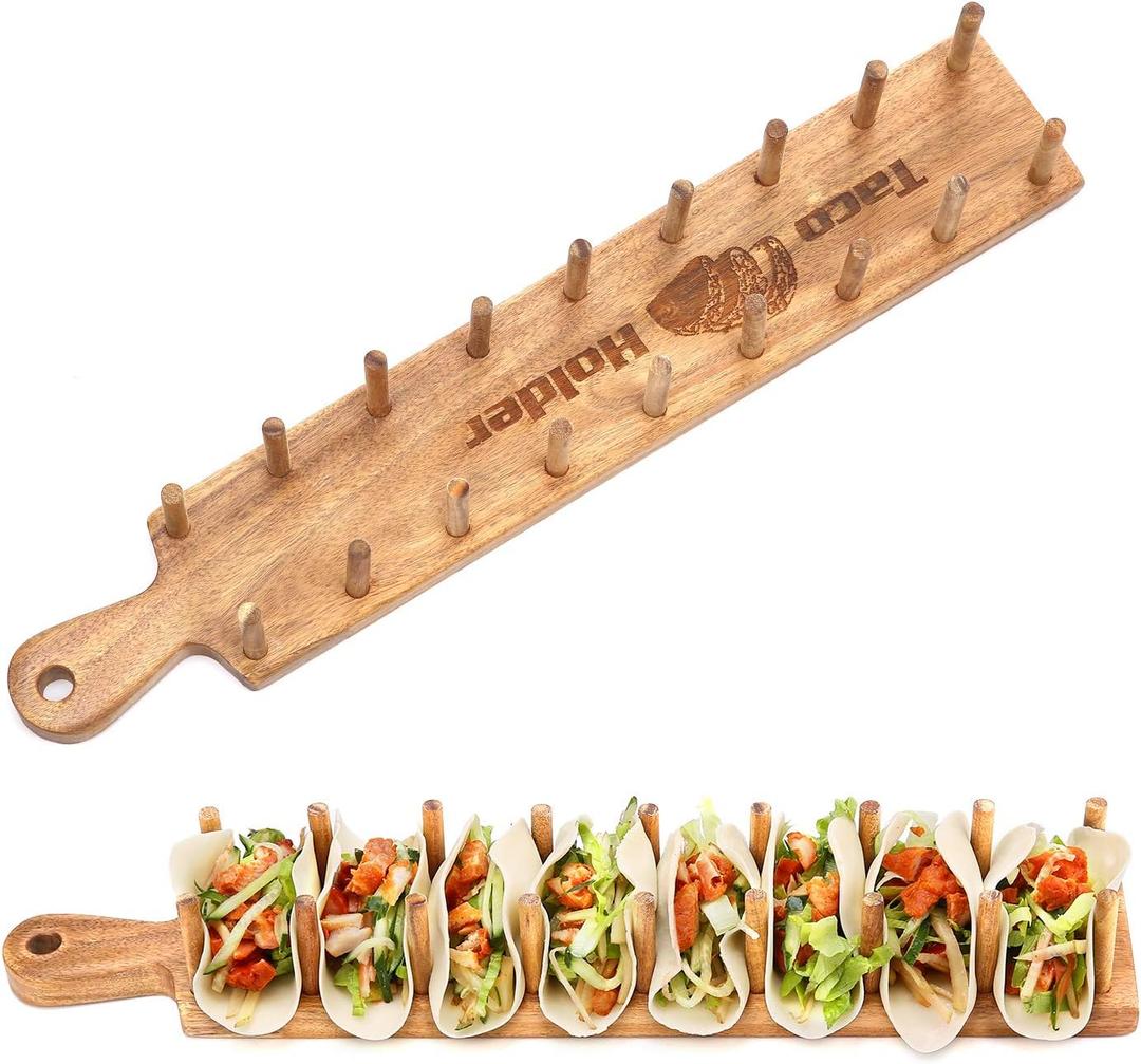 Vintage First Grade Acacia Wood Taco Holder Rack Tray Stand Up Holds 8 Soft or Hard Shell Tacos Also for Tortillas, Burritos Vintage First Grade Acacia Wood Taco Holder Rack Tray Stand Up Holds 8 Soft or Hard Shell Tacos Also for Tortillas, Burritos