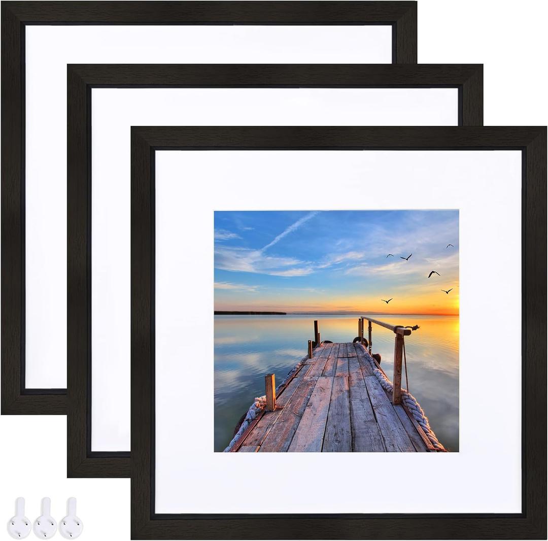 Hongkee 12x12 Black Picture Frame set of 3, Made of Glass and Wooden Square Photo frame - Displays Picture 8x8 With Mat or 12 x 12 Without Mat, Desktop & Wall Collage Photo Frame