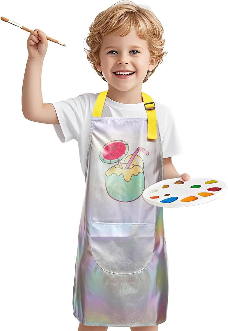 Kids Aprons with Pocket Cooking Baking Kitchen Art Cute Chef Apron for Boys Girls (Grey)