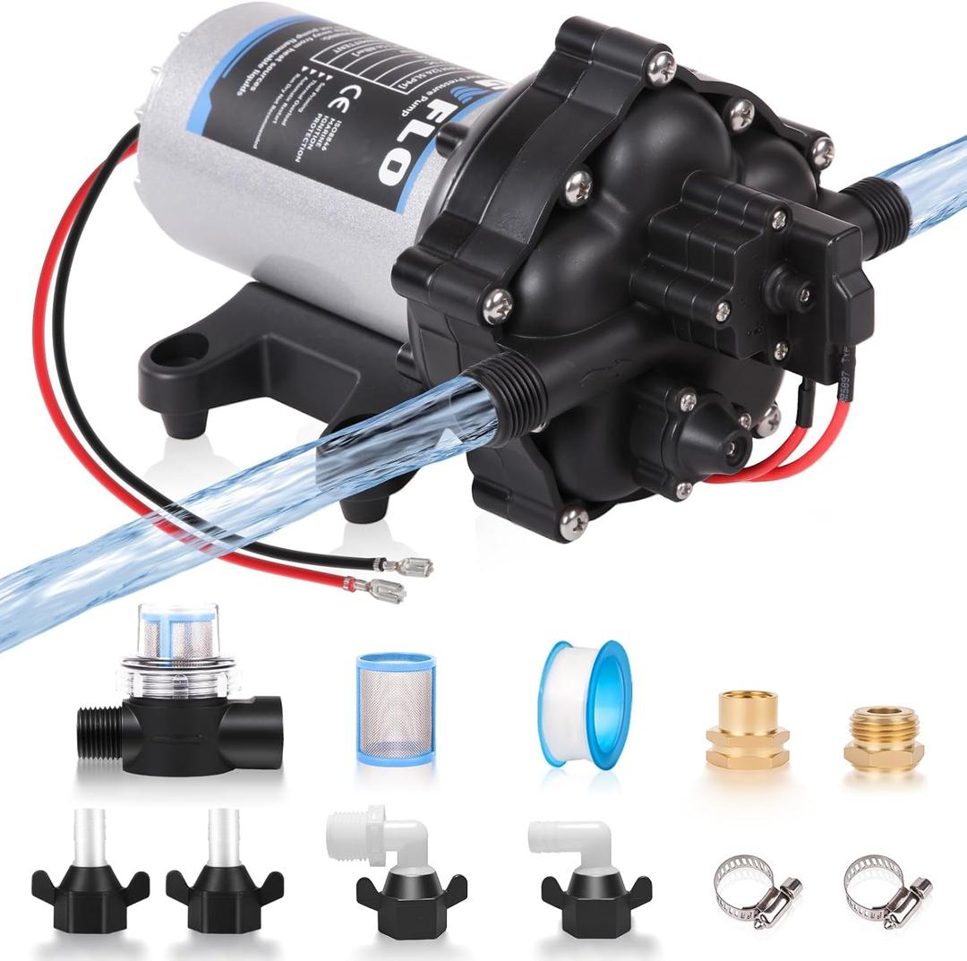 [Upgraded Version] 12V DC RV Fresh Water Pump, 7GPM 70PSI, Five Chamber Self-Priming Diaphragm Pump with Heavy Duty Pressure Switch & Strainer for RV, Marine, Yacht, Caravan, Camper (7GPM-70PSI-12V)