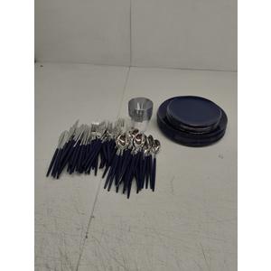KIRE 175Pcs Blue Plastic Plates with Silver Rim & Disposable Silverware with Blue Handle & Silver-rim Cups & & Plastic Dinnerware for Parties/Wedding Blue