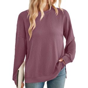 BAISHENGGT Women's Ribbed Sweatshirts Crewneck Casual Long Sleeve Loose Fit Stretchy Fall Tunic Tops (S)