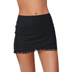 GRAPENT Women's High Waisted Bikini Bottoms Ruched Swimsuit Tulip Hem Swim Skirt (Black, Large)