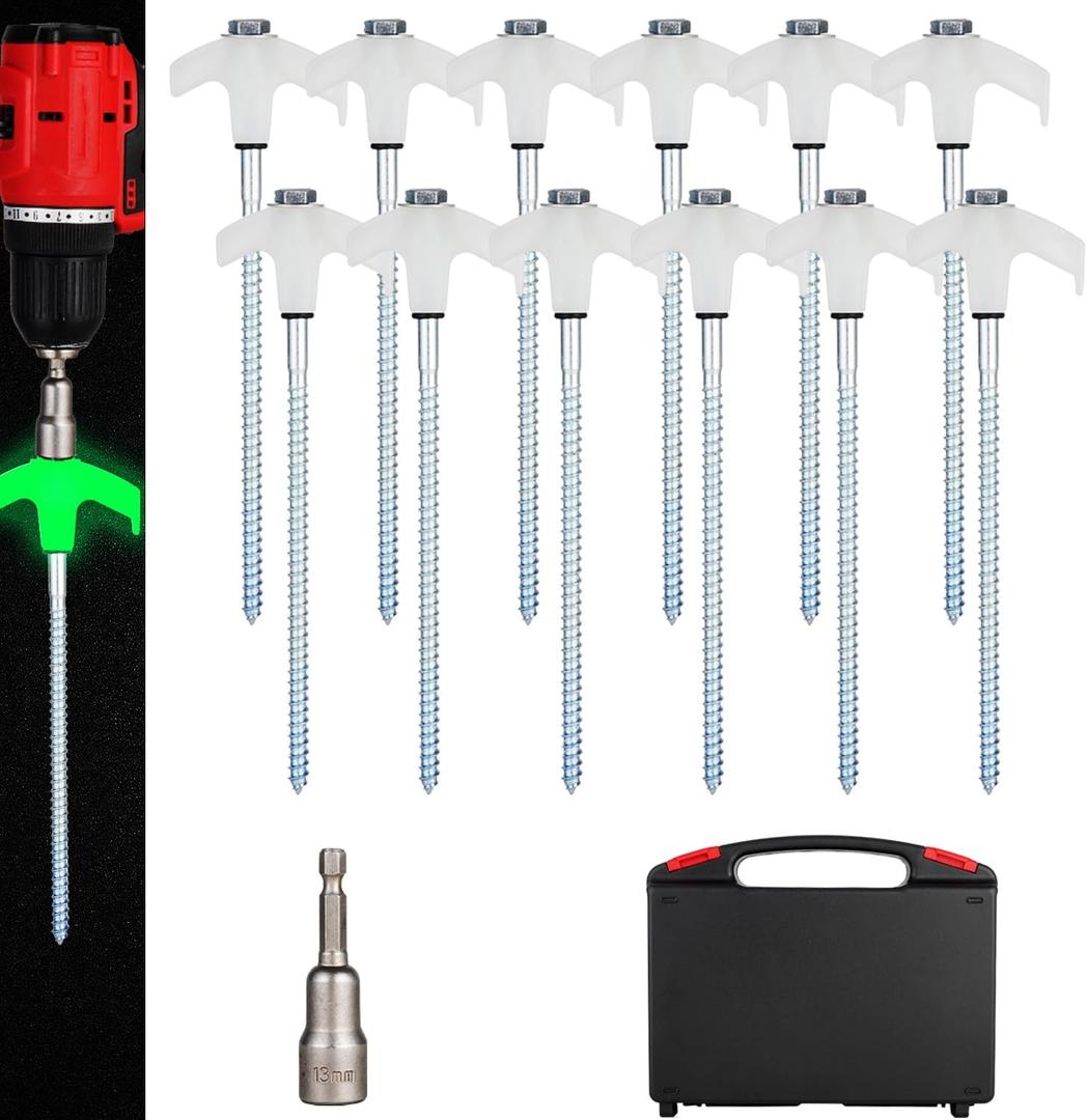 12 Pack Screw in Tent Stakes Heavy Duty,8 Ground Anchors Screw in, Metal Stakes with Hex Head Driver and Sturdy Storage Box. (12, Luminous White)