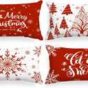 Lanpn Christmas Lumbar Throw Pillow Covers 12x24 Set of 4, Merry Christmas Winter Xmas Snowflake Decorative Holiday Cushion Pillow Cases 12 x 24 for Indoor Farmhouse Home Room Couch Decor (Red)