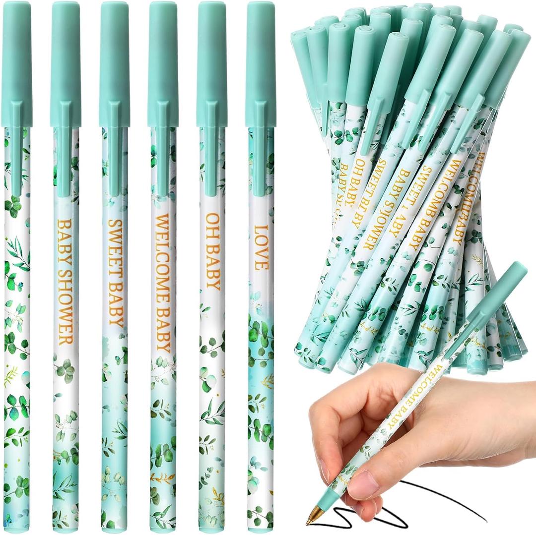 48 Pcs Eucalyptus Leaf Baby Shower Ballpoint Pens Black Ink Bulk for Greenery Baby Shower Party Supplies Guests Gifts School Supply Table Decorations, 6 Styles