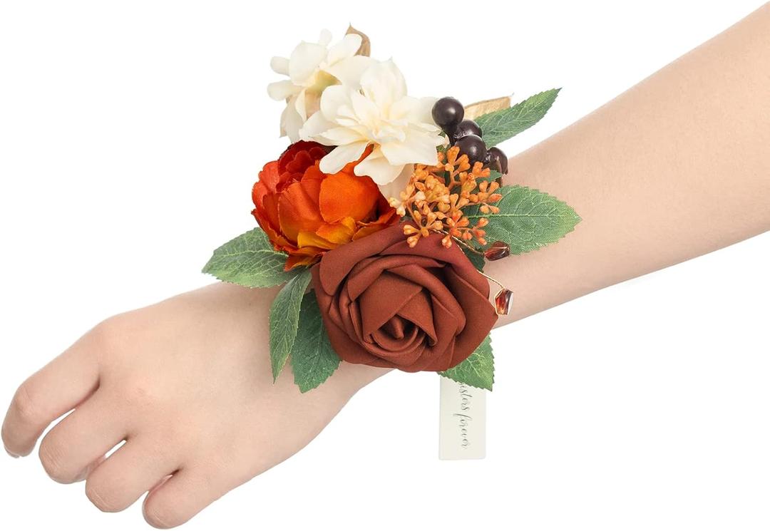 Ling's Moment 6pcs Wedding Wrist Corsage Artificial Flowers, Girl/Mother Homecoming Prom Corsages Wristlet Dcor, etc. Burnt Orange Terracotta