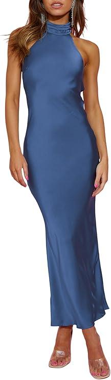 Phicia Sexy Satin Halter Neck Backless Maxi Dress for Women, Elegant Tie Cowl Back Formal Wedding Guest Dress for Summer, Medium