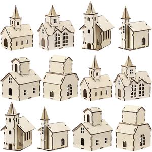 Hiboom 12 Pcs DIY Christmas Village Sets Wood Rustic Church Christmas Mini Wooden House Gift for Winter Xmas Party Crafts Decorations