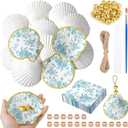 Gilprop 12 Pcs Large Scallop Shells for Shells Crafts 4''-5''with 24 Pcs Blue Floral Decoupage Paper Napkin Acrylic Paint Strips Brushes Gold Bead for DIY Ornament Jewelry Tray
