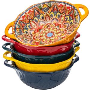 XKXKKE 5 Pack Boho Ceramic Serving Bowls with Handles, 40 Oz Porcelain Salad Bowls, Large Serving Dishes for Entertaining, Mixing Bowls for Soup, Stew, Pasta, Cereal, Colorful Embossed Cute Bowls Set