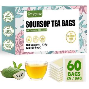 Soursop Tea Bags, 60 Teabags, 2g/Bag, Made with Soursop Leaves. Caffeine-Free | Sugar-Free | Gluten-Free | Vegan. Eco-Friendly Tea Bags (EXP 05/30/27)