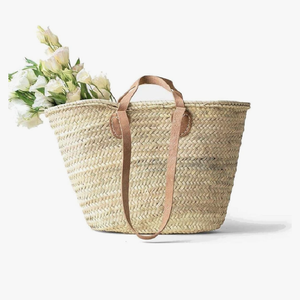 French Market Basket with Double Flat Leather Handle, Handmade Straw Tote for Shopping, Beach, and Everyday Use