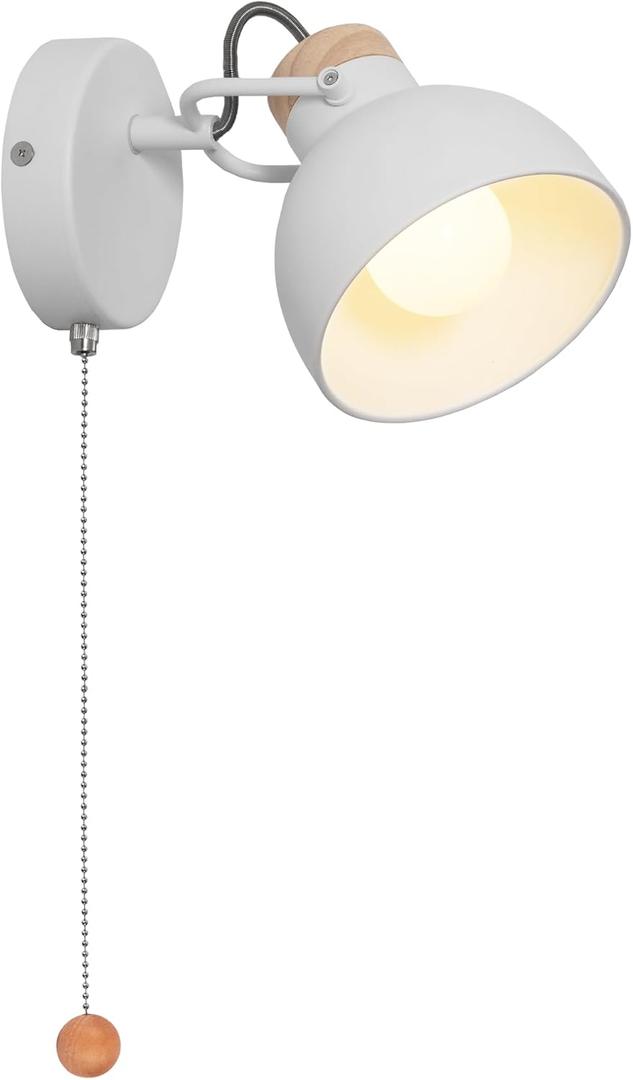 Aisilan Wall Sconce with Pull Chain White Metal Wall Light for Bedside Wooden Indoor Wall Mounted Lamp with E12 Bulb Hardwire Wall Sconces for Bedroom Living Room Hallway Office 3000k Warm White