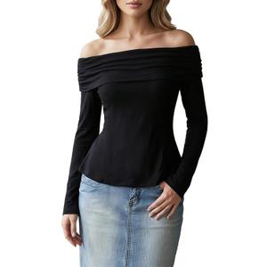 Women's Off The Shoulder Tops Fall Fold Over Long Sleeve Fitted T Shirts Going Out Outfits (Black, S)