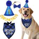 Dog Birthday Party Supplies, Dog Birthday Bandana and Party Hat Set with Numbers Bow Tie Collar for Small Medium Large Pet,Blue, S
