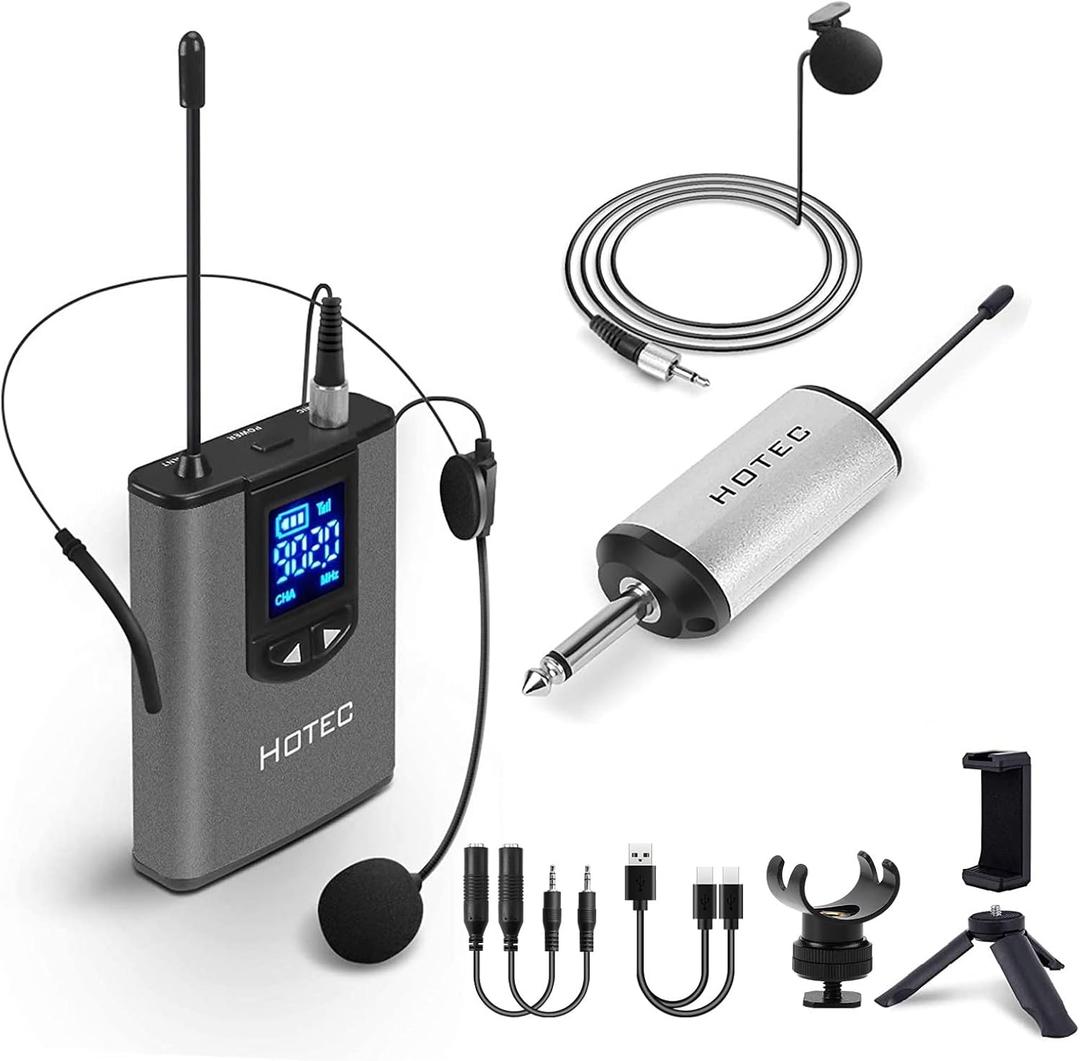 HOTEC UHF Wireless Headset Microphone/Lavalier Lapel Mic with Bodypack Transmitter and Mini Rechargeable Receiver 1/4" Output for Vlogging or Speech (silver)