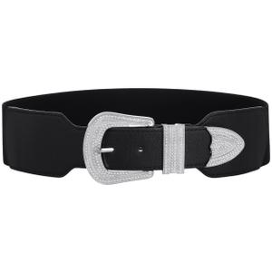 JIKELEK Wide Stretchy Waist Rhinestone Belt for Women Elastic Buckle Belt for Ladies Dresses (Black (Silver Buckle), Fit Waist Size 36"-45") (Black)