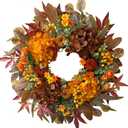 Fall Wreaths for Front Door, 24 Inch Orange Autumn Door Wreath with Hydrangea and Velvet Pumpkins, Indoor Outdoor Fall Decorations for Home Thanksgiving Harvest Table Centerpiece Fall Decor