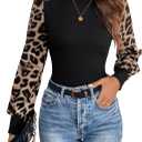MakeMeChic Women's Leopard Print Long Sleeve Mock Neck Slim Fit Blouse Casual Shirt Tops (Black)