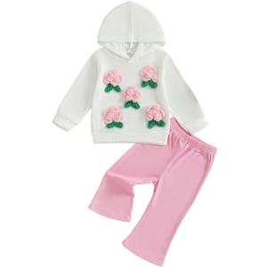 Toddler Girl Fall Outfits Flower Long Sleeve Sweatshirt Hoodies+Elastic Waist Flare Long Pants 2Pcs Clothes Set