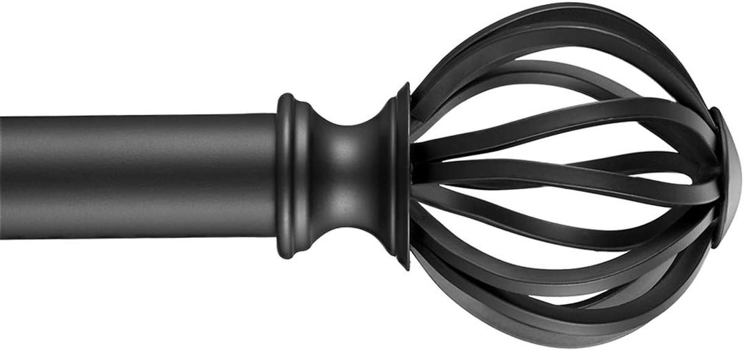 YunNephele Adjustable Curtain Rod for Window 48-84 inch Matte Black, 1 inch Diameter Metal Single Curtain Rod Set with Round Cage Finials