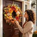 24" Artificial Harvest Fall Wreaths for Front Door with Peony & Pumpkins | Luxury Autumn Wreath with Sunflowers Dahlias,Rustic Farmhouse Thanksgiving Halloween Decorations for Porch&Entryway,Home Wall