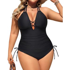 Aqua Eve Plus Size Swimsuits One Piece Bathing Suit for Women Tummy Control Sexy Halter Swimwear (Solid Black, 24W)
