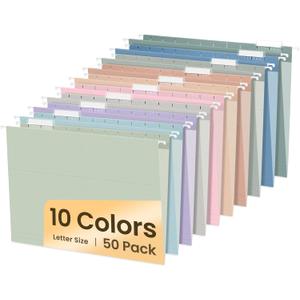 SUNEE Hanging File Folders, 50 Pack Letter Size Hanging File Folders with 1/5-cut Tabs, Stay Organized for Your Home and Office Bulk File, Documents and Paper, 10 Pastel Colors