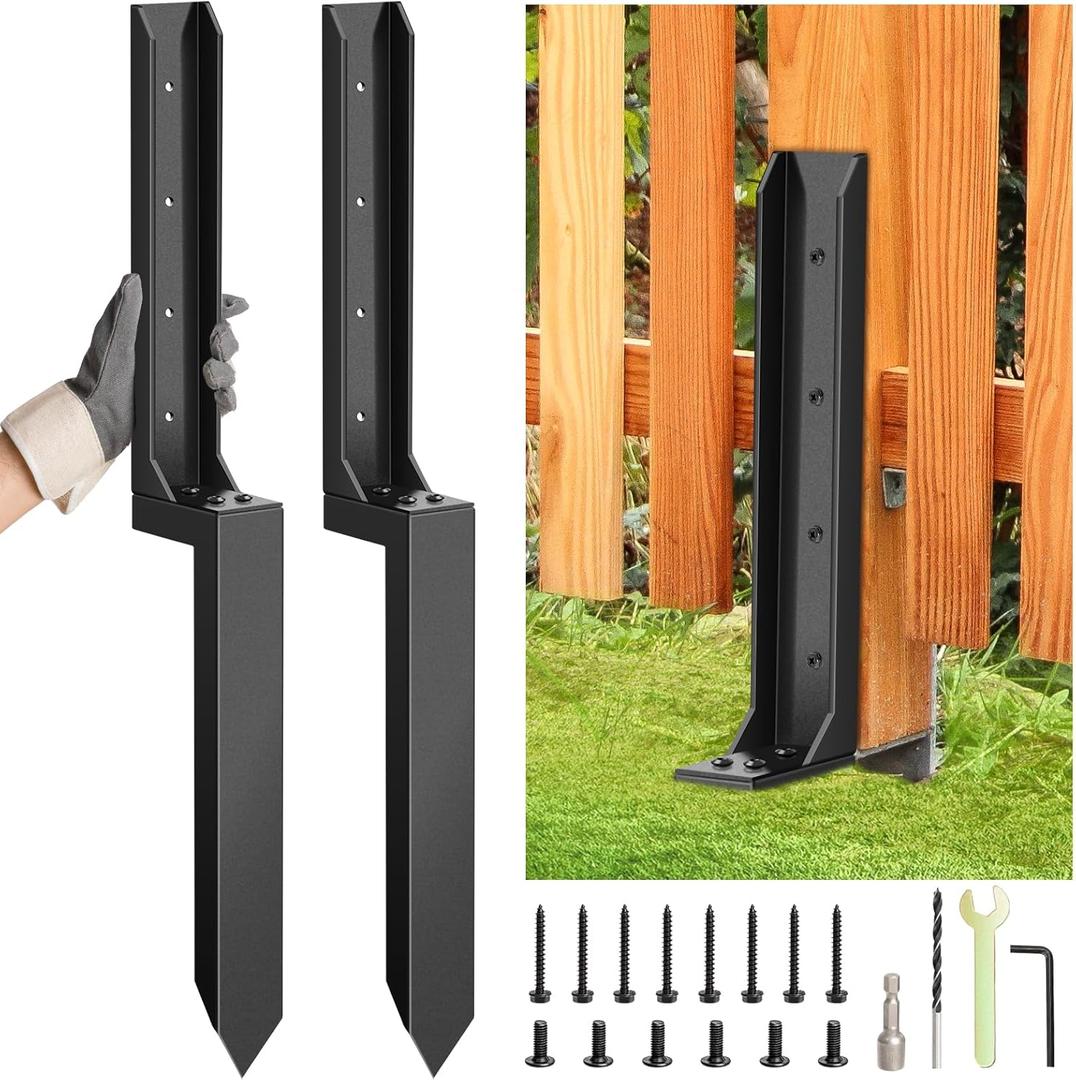 2 Pcs Fence Post Repair Kit, Heavy Duty Fence Post Anchor Ground Stakes for Repair Tilted, Broken Wood Support, Black